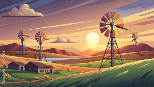 Windmills stand tall at sunrise near Pincher Creek, Alberta, Canada, spinning blades whisper harmony, power generation merges with dawn’s light, renewable energy glowing softly, landscape breathes tim