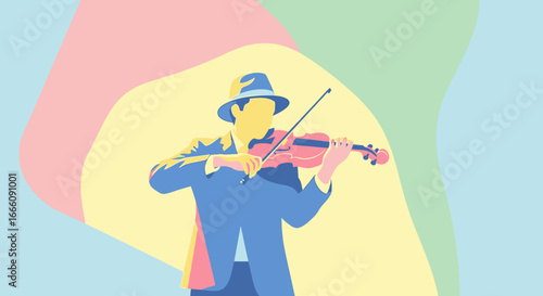 Stylized Musician Playing Violin with Bow in Blue Suit and Hat