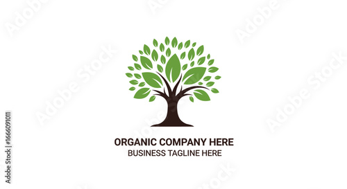 Stylized organic tree logo with a lush green leaf canopy, dark brown trunk, and sample company text.