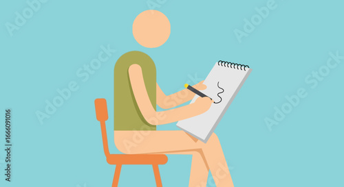 Stylized Person Sitting and Drawing in a Notebook