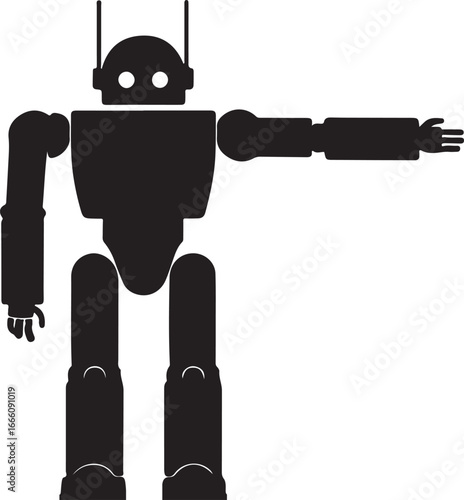 Black silhouette of a humanoid robot with one arm extended to the right white background