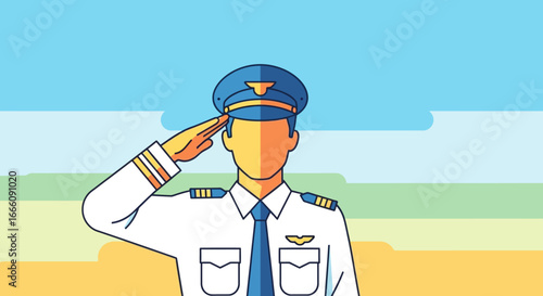 Stylized Pilot in Uniform Saluting with Wing Insignia