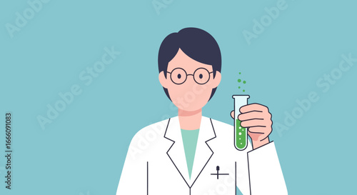 Stylized Scientist in Lab Coat and Glasses Holding a Bubbling Green Test Tube
