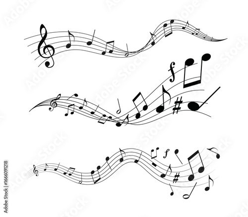 Vector set of musical notes in decorative wavy patterns isolated on white background
