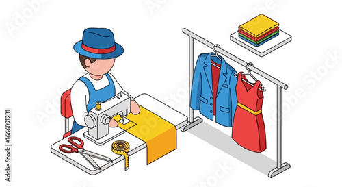 Tailor working with sewing machine and garments on rack