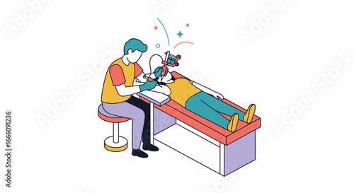 Tattoo artist with a machine inking a client's arm in a colorful isometric illustration.