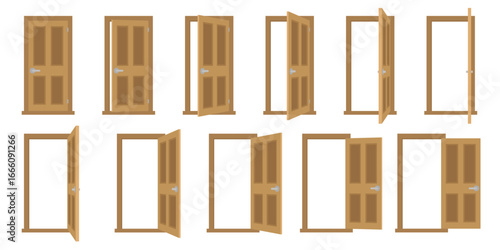 vector cartoon flat door animation set, clipart isolated on transparent background. 