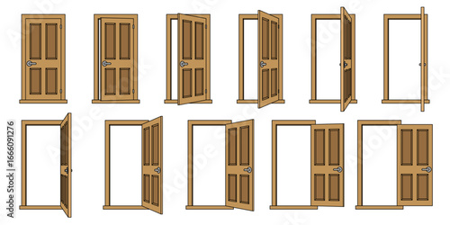 vector cartoon flat black line door animation set, clipart isolated on transparent background. 
