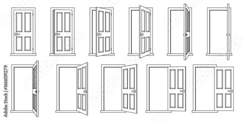 vector cartoon door animation set, black line clipart isolated on transparent background. 