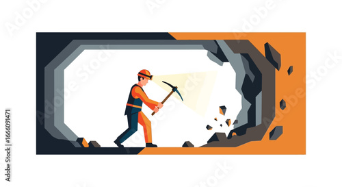 Vector Illustration of a Miner Digging with Pickaxe in Mine
