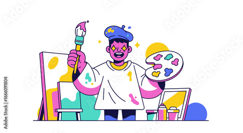 Vibrant cartoon artist with sparkling eyes holding paintbrush and colorful palette.