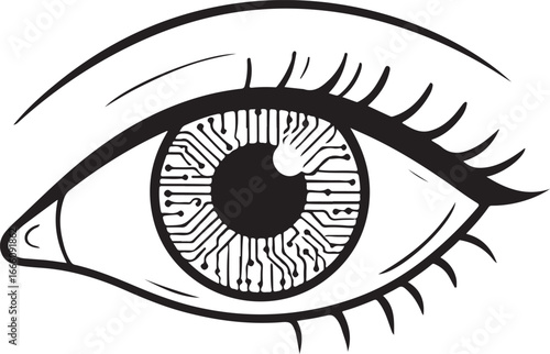Black and white illustration of an eye with a circuit board iris technology digital