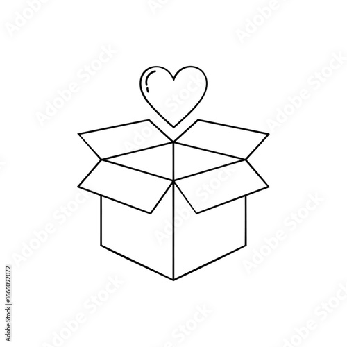 Open cardboard box with heart symbol inside symbolizing gift delivery and love white background