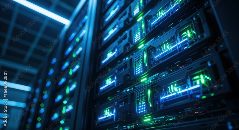Naklejka premium Close up of modern server rack with glowing blue and green lights in data center