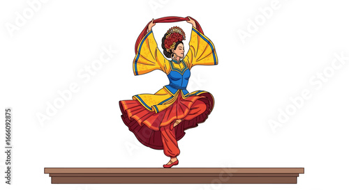 Vibrant traditional dancer in yellow and red costume with elaborate floral headpiece, gracefully posing with a red scarf.