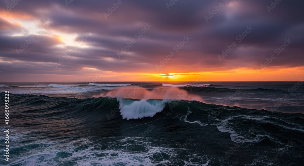 Obraz premium Dramatic stormy ocean waves crashing at sunset with vibrant orange sky and dark clouds