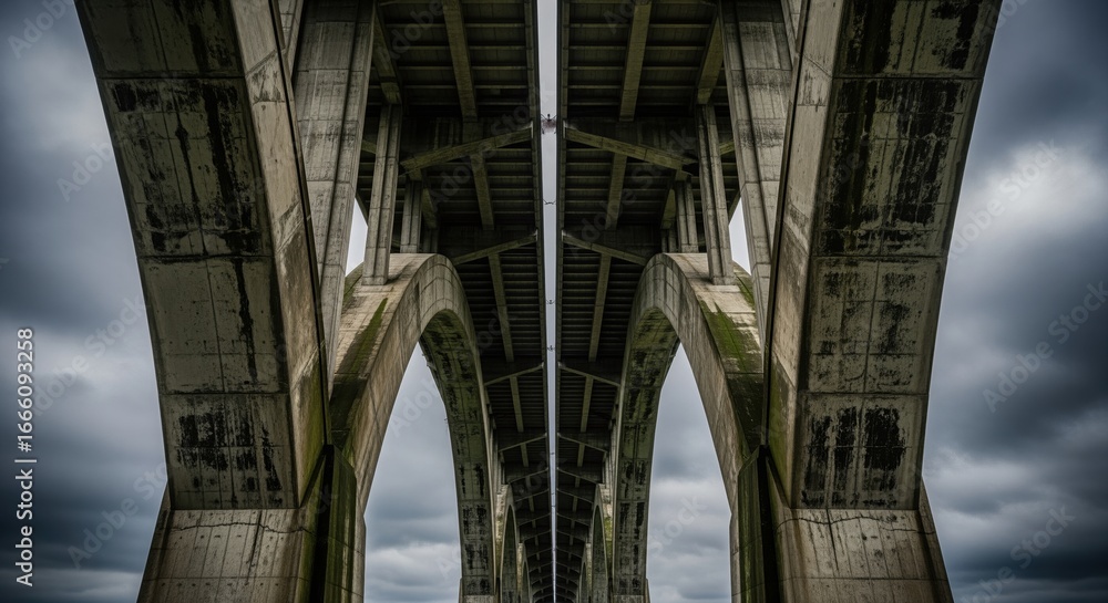 Fototapeta premium Low angle view of massive weathered concrete bridge underside with arches and support columns