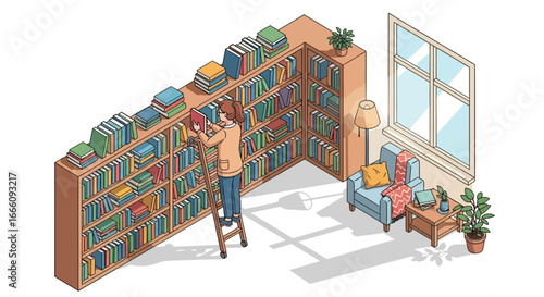 Woman Organizes Books on High Shelves in a Cozy Library Setting