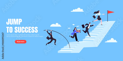 Success career ladder steps path challenge with business goal achievement flag objective on the top of it business concept flat vector illustration. Office person running onto success career steps.