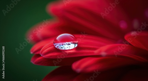 Macro close up of a shimmering water droplet on a velvety red flower petal