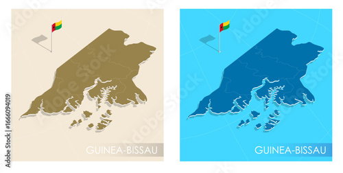 Guinea Bissau country flag installed on geographic positioning map point of country territory. Guinea Bissau commonwealth banner on land and sea. Festive patriotic HD format template independence day