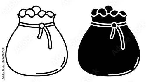 Linear icon. Traditional Chinese coins poured into wallet bag purse tied with rope. Simple black and white vector isolated on white background