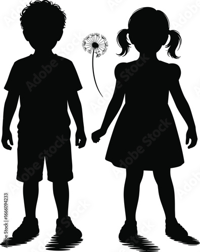 Silhouette of boy and girl standing together with dandelion flower, childhood friendship, family bonding, nature, innocence, unity, kids, outdoor, playtime