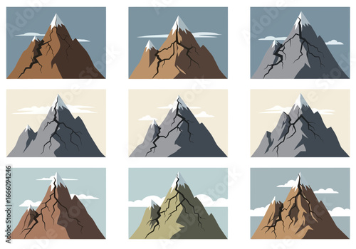 Stylized mountains with snow-capped peaks and clouds in a grid.