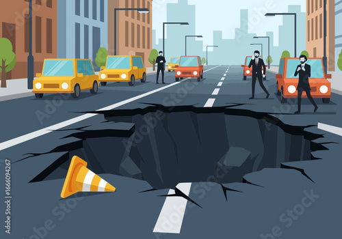 Large sinkhole in road with cars and people observing.