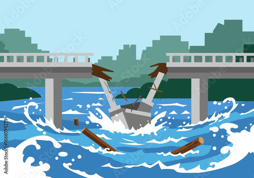 A broken bridge over water with a sinking boat and debris.