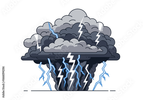 Dark storm cloud with lightning strikes and rain.