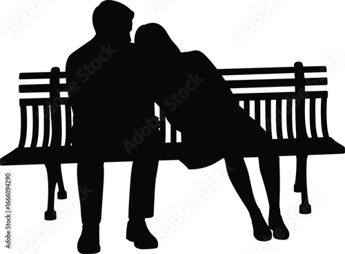 Silhouette of couple sitting on bench, romantic love moment, man and woman together, relationship bonding, affection, dating, outdoor romance, park scene