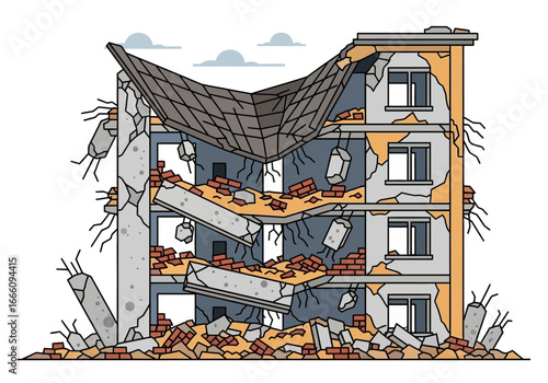 Damaged multi-story building with debris and broken windows.