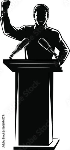 Silhouette of politician giving speech at podium with microphones, raised fist, leadership, power, authority, politics, motivation, public speaking, conference