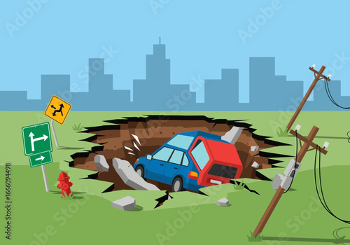 Cars trapped in a large sinkhole with a damaged utility pole nearby.