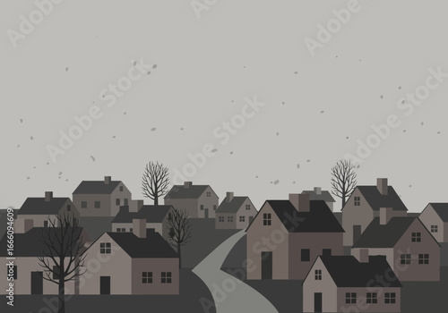 A village with houses and a winding road under a cloudy sky.