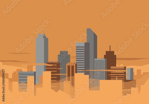 Modern city skyline with reflective buildings and orange sky.