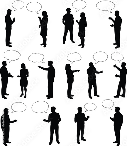 Silhouette people talking, business communication concept, teamwork discussion, conversation bubble illustration, social interaction design, corporate dialogue graphic, vector speaking