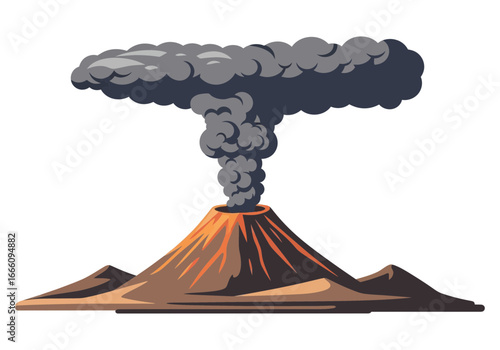 Volcano erupting with smoke and ash cloud over surrounding land.
