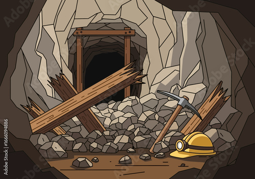 Mine entrance with broken timbers, rocks, and mining equipment.