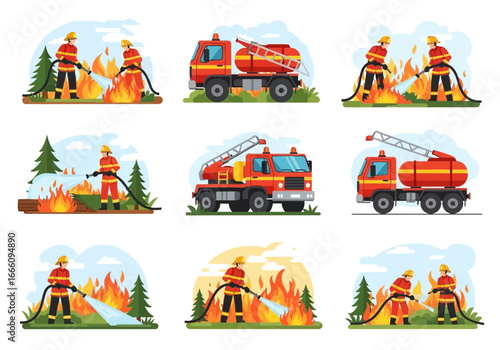 Firefighters and fire trucks battling forest fires with water.