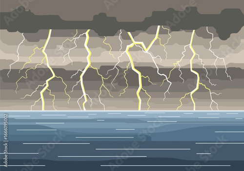 Lightning strikes through dark storm clouds over a choppy sea.