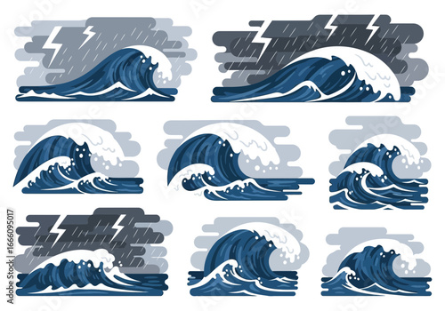 Collection of stylized ocean waves with stormy skies and lightning.