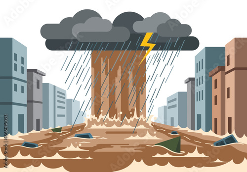 Heavy rain and lightning flood a city street with debris.