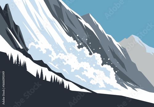 Snow avalanche cascading down a steep mountain slope with trees.