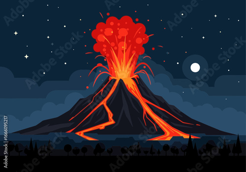 Active volcano erupting with lava and ash under a starry night sky.