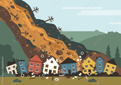 Landslide destroying houses on a hillside with trees and debris.