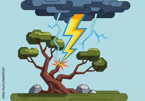 Lightning strikes a tree during a storm with dark clouds.