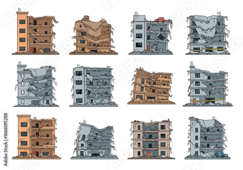 Collection of twelve damaged multistory buildings, showing destruction and decay.