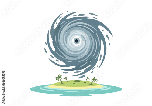 Hurricane swirling over a tropical island with palm trees.